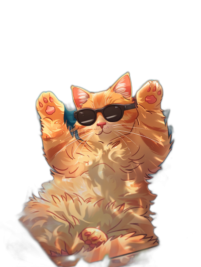 digital art of a cute and fat orange cat, wearing sunglasses, hand up with five fingers to the sky, black background, chill vibes, in the style of anime.