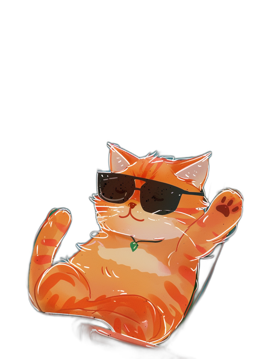 digital art of a cool and fat orange cat, wearing sunglasses with its arm up, in a minimal style on a black background, with a chill and happy smile expression, showing its full body