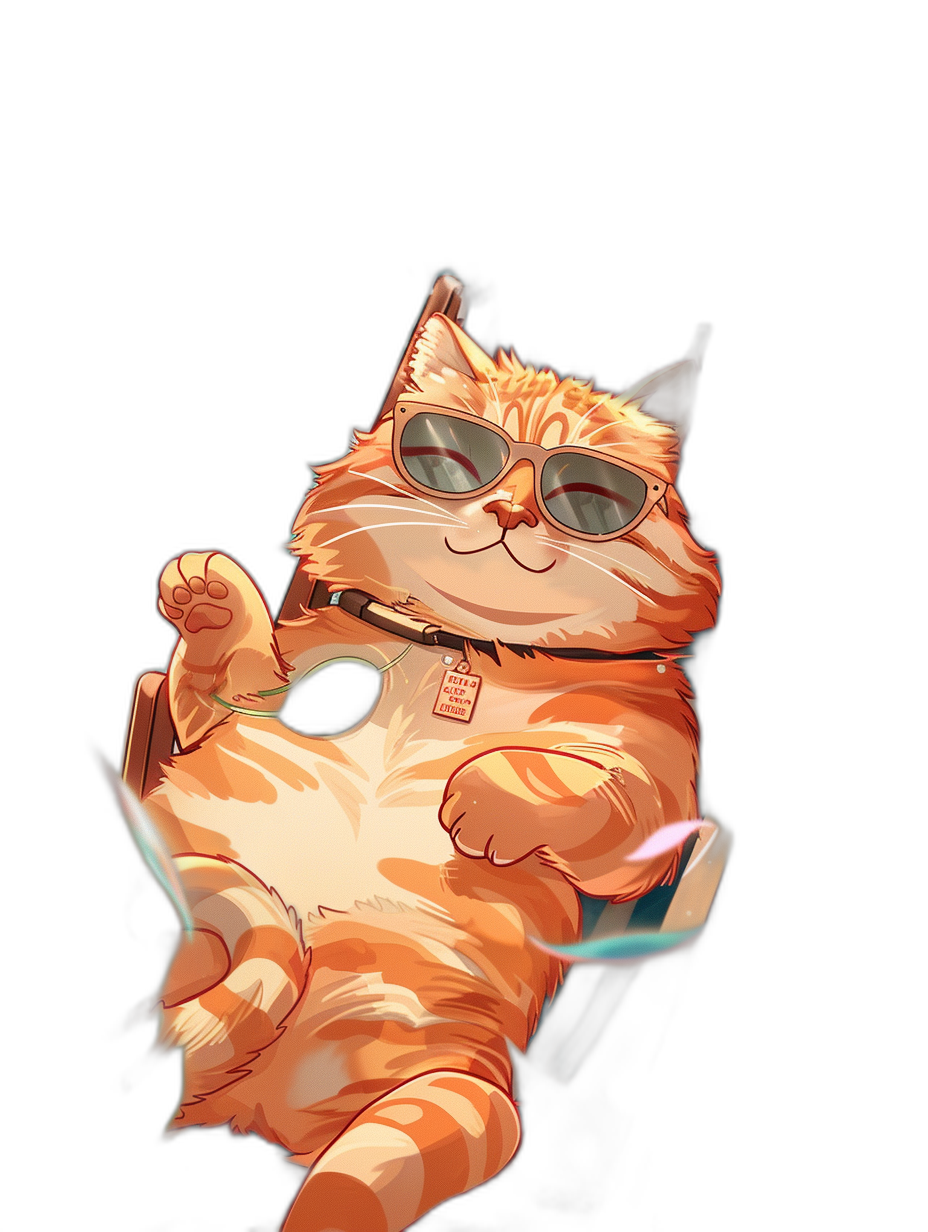 digital art of cute and fat orange cat , wear sunglasses, holding phone in hand with black background , wearing tshirt and short , chill happy expression , full body