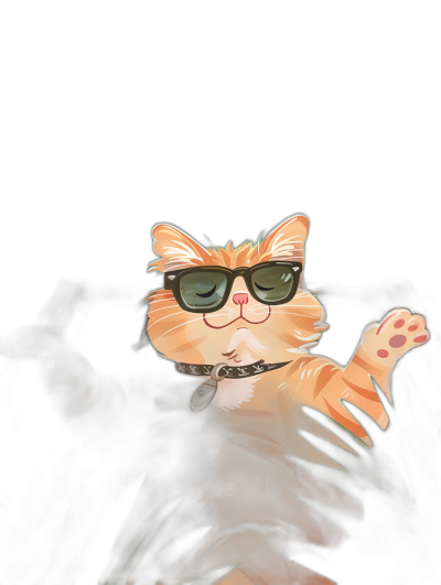 digital art of cute and cool orange cat wearing sunglasses ,dark background, chill vibes, one paw is up in the air with happy expression, digital painting style