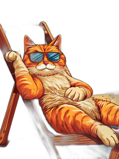 digital art of cool fat orange cat , wearing sunglasses, sleeping on the deck chair with arms outstretched and head back, simple background, black background, cartoon style, digital illustration, full body portrait