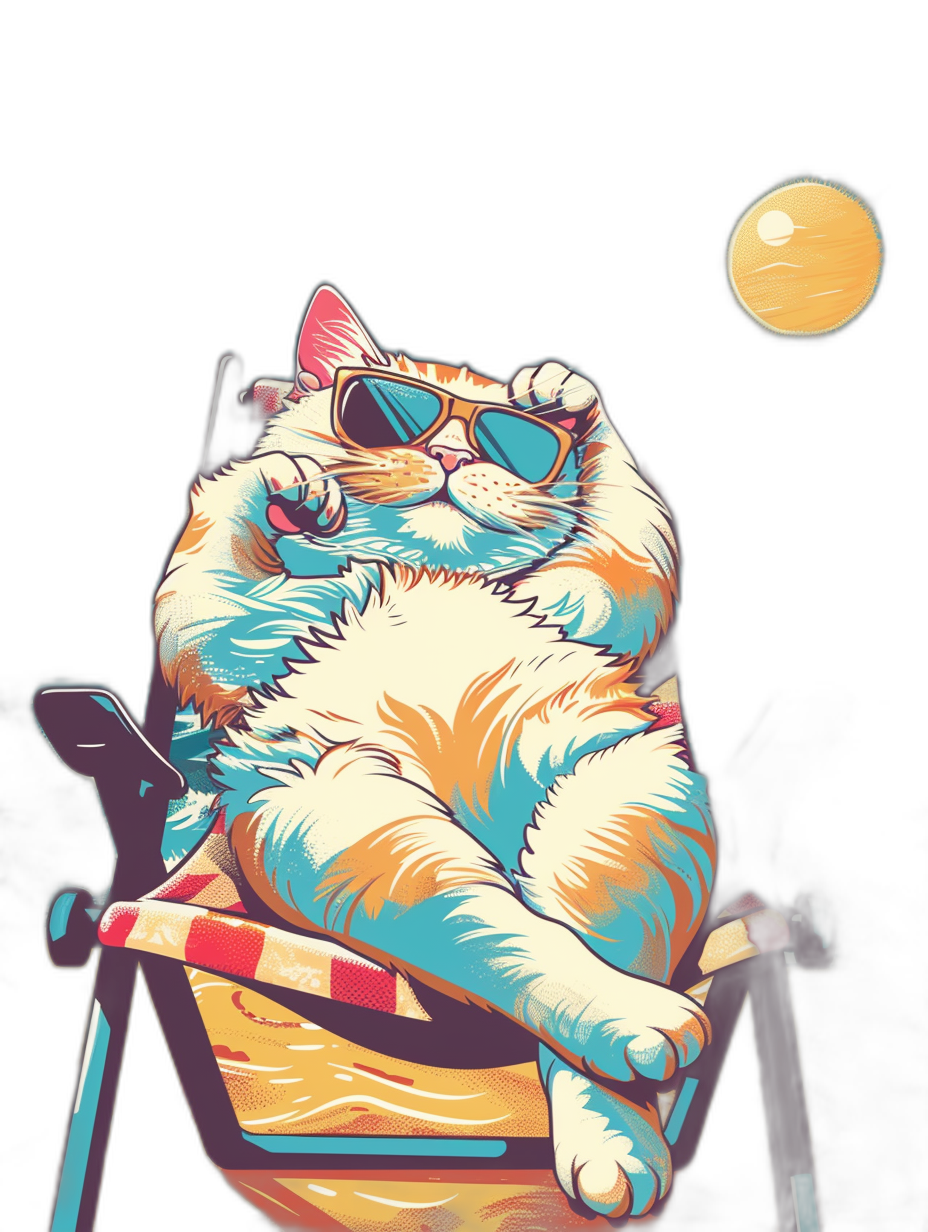 A fat cat wearing sunglasses lounging on a beach chair, black background, in the vector art style, bright and bold color palette, with low detail shading.