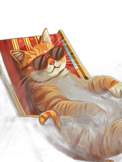 digital art of a cool fat cat, wearing sunglasses, sitting on a deck chair with a black background, with a chill and happy expression, in the style of a digital painting, with red, white and orange tones, cute and funny, with high details