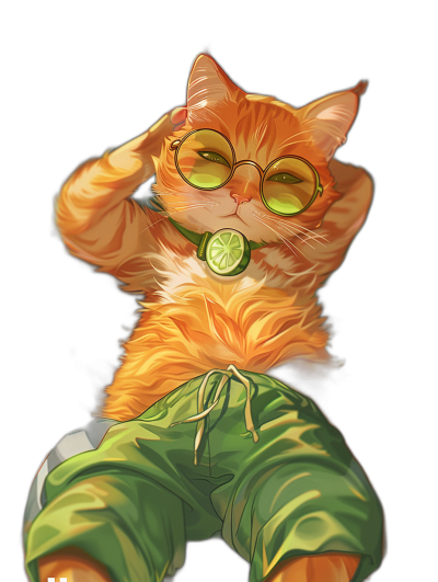 Cute cartoon orange cat, wearing lime green shorts and glasses, sitting on the ground with his head tilted back in laughter. The background is black, and there's an airbrushed oil painting style. The artwork has character designs in the style of digital art and anime inspiration, with detailed costumes. The style also resembles fawncore with character caricatures and colorful ink wash paintings displayed at a high resolution.