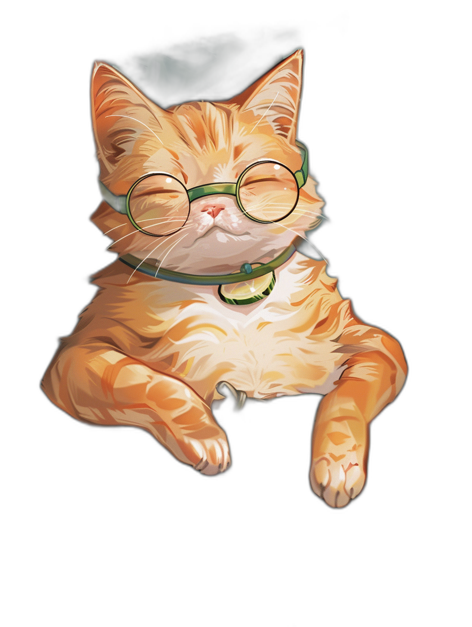 digital art of cute and fat orange cat , wearing green glasses, sleeping on the floor with black background , minimal style , chill expression and smile in ghibli anime style