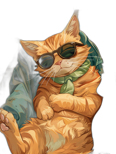 digital art of cool and fat orange cat ,wearing sunglasses with green scarf, hand on the belly , posing like gangster , black background , chill vibes