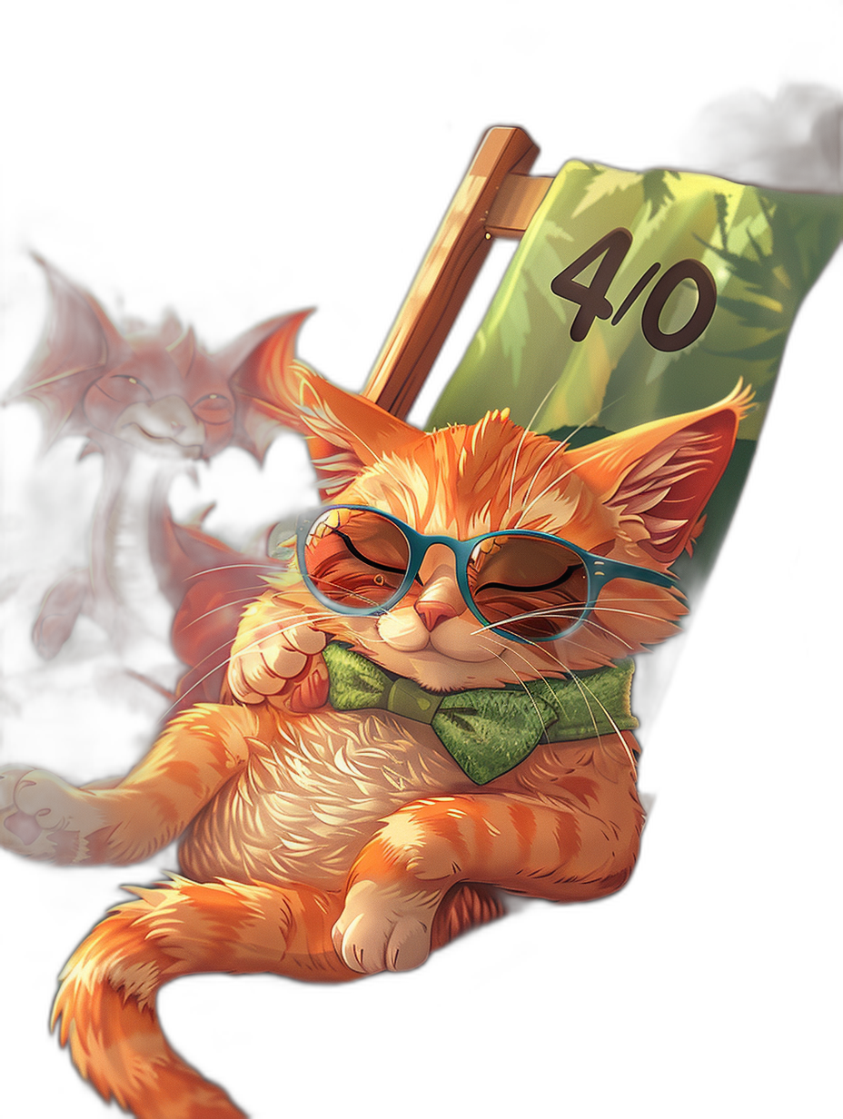 digital art of a cute and fat orange cat wearing green sunglasses, the background is black, the table has a sign with the number “40” on it, sitting in a lawn chair, there are two little red dragons flying around him in the style of unknown artist.