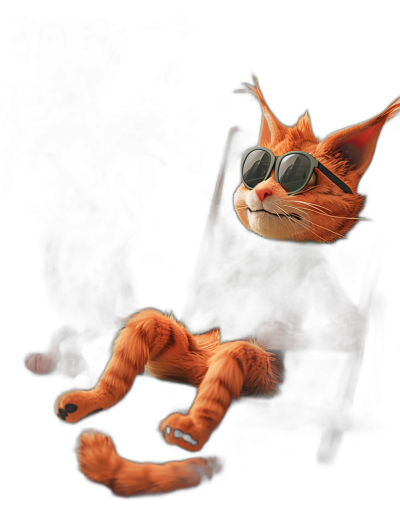 A full body shot of an orange cat with sunglasses and black pants, sitting on a chair in a dark room. The cartoon character is created in the style of Pixar's unique animation, rendered in high resolution with a focus on realism. It features detailed fur textures, expressive eyes, and perfect hands. This masterpiece showcases the best quality around, with an impressive composition that emphasizes its cinematic allure.