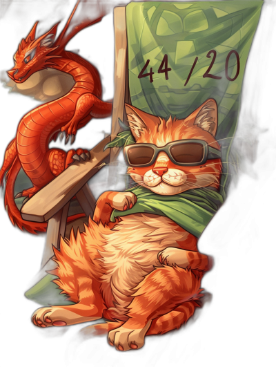 A cat with sunglasses is lying on a beach chair, wearing green  and holding an orange dragon banner in its hand. The numbers "4/20" appear above it. In the style of a cartoon, the background colors of black and dark red will create strong contrast between light and shadow. This artwork presents a cute atmosphere that makes people want to see more.