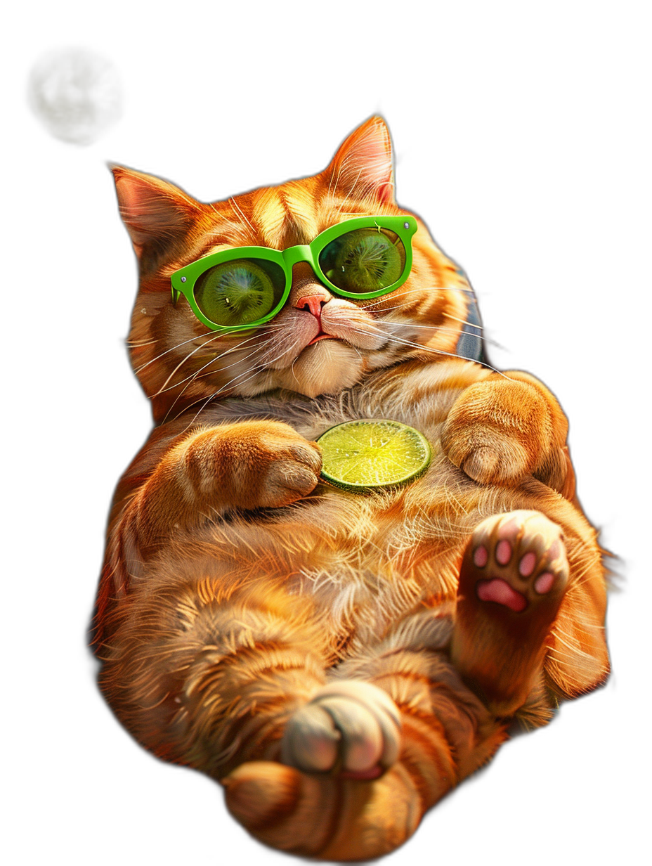 digital art of a cool fat orange cat, playful character designs in the style of green sunglasses and lime on her belly, black background, chilling happily and funnily