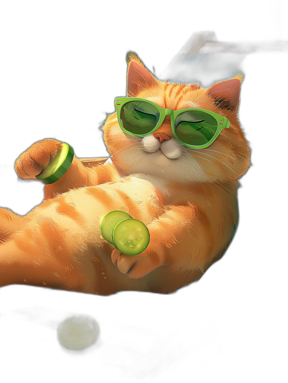 digital art of cute fat orange cat , wearing green sunglasses and holding cucumber, lying on black background, chill out time style