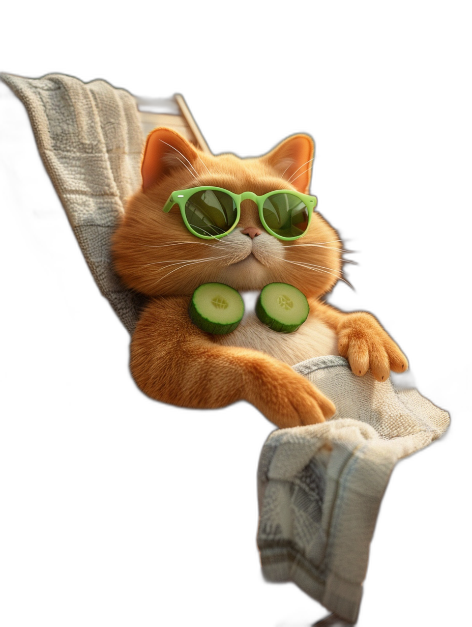 a cute ginger cat wearing sunglasses and cucumber slices on his eyes lying in an spa chair with towel, black background, hyper realistic photography