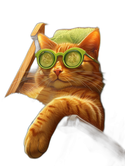 digital art of cute and fat orange cat wearing green sunglasses, the cucumber on his eye is in shape like an arch , he holding wood mallet, black background, pastel tone, digital painting style, high quality