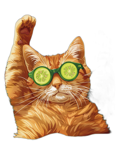 t-shirt design, Cool Orange Cat with Cucumber Glasses Waving isolated on black background, full body in view.