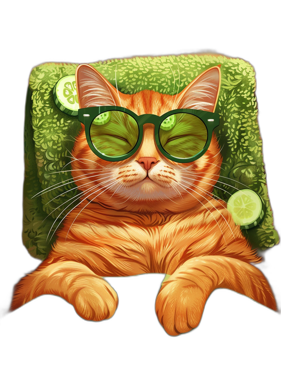 digital art of cute fat orange cat , wearing sunglasses and sleeping on the green pillow, one lime in front of head, black background , chill expression