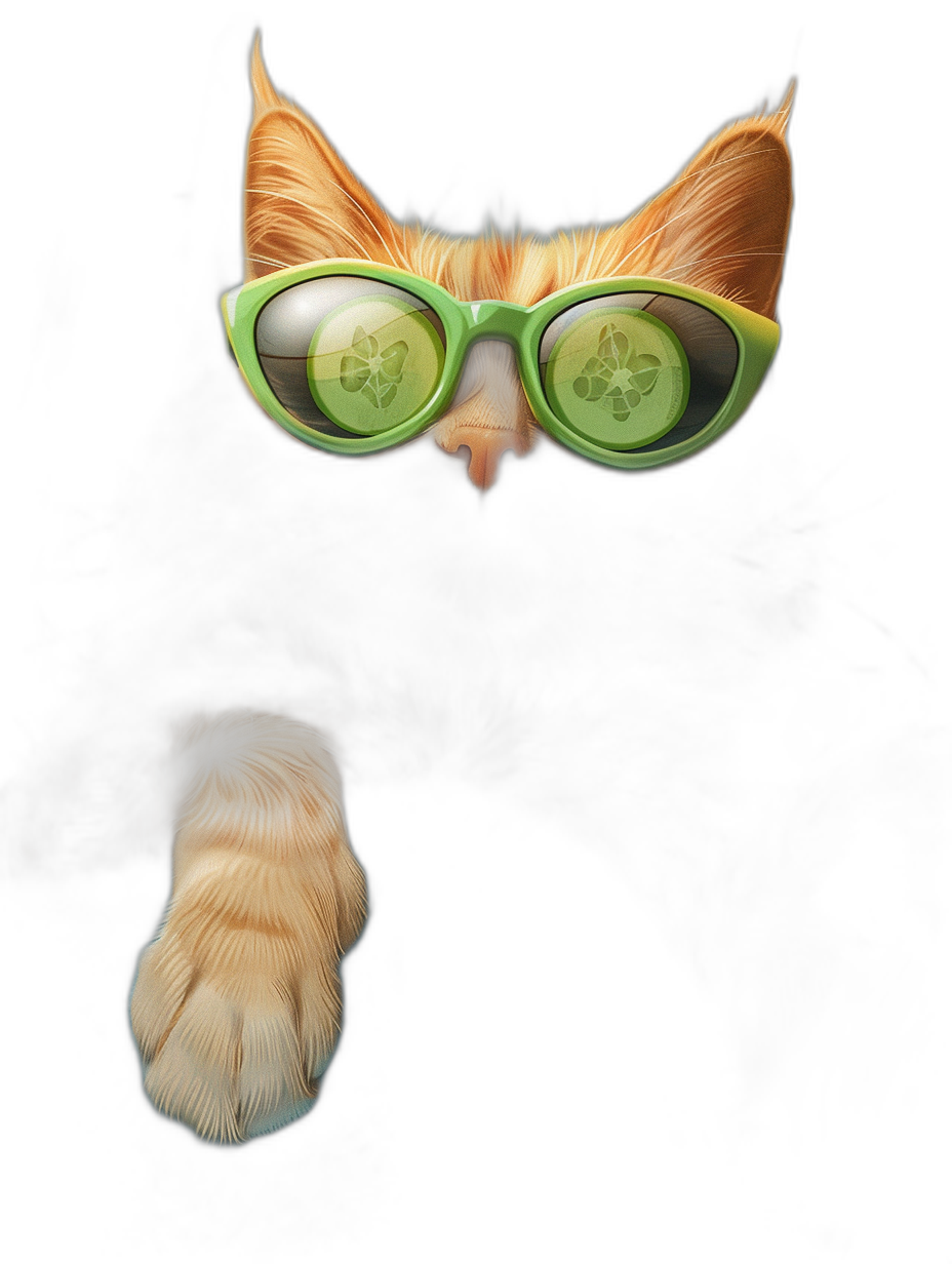 realistic orange cat with green glasses, paw sticking out from the dark background, in the style of digital art.