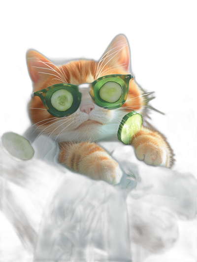 digital art of cute and fat orange cat wearing sunglasses, eating cucumber with black shirt , chill expression , dark background , chilling happy funny mood