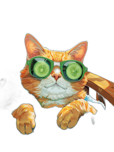 digital art of cute fat orange cat , wear sunglasses with cucumber on it, black background , chill and funny