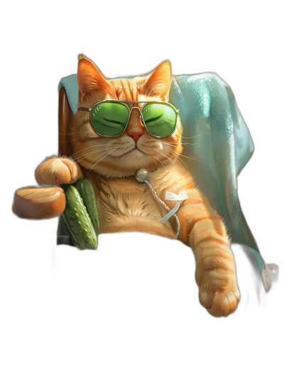 digital art of a cool and fat orange cat, wearing sunglasses, holding a cucumber in one hand with a bandage on its head, chilling out at a spa lounge chair on a black background