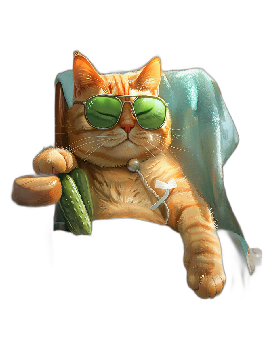 digital art of a cool and fat orange cat, wearing sunglasses, holding a cucumber in one hand with a bandage on its head, chilling out at a spa lounge chair on a black background