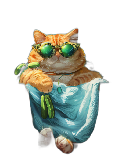 digital art of cute fat orange cat , wearing sunglasses and blue cloth, holding cucumber in hand with black background , chill expression , full body