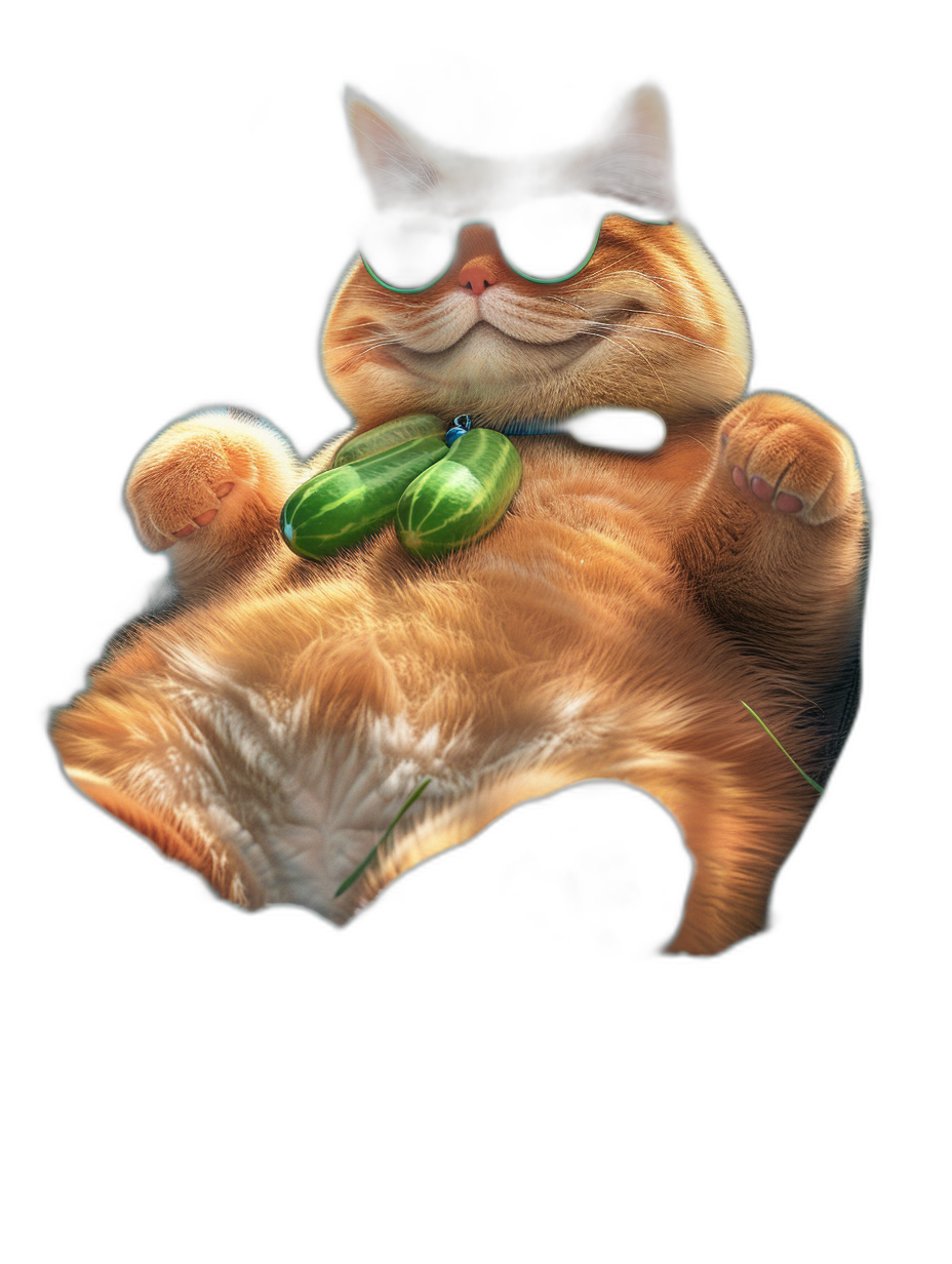 A fat orange cat with black sunglasses and holding a cucumber in its mouth is lying on the ground, its belly hanging out of its . It has an exaggerated expression that can reflect various emotions. The background should be pure to highlight the main subject of the photo in the style of a cute cartoon, with a 3D rendering effect and as a full body portrait against a black solid color background at a high definition resolution.