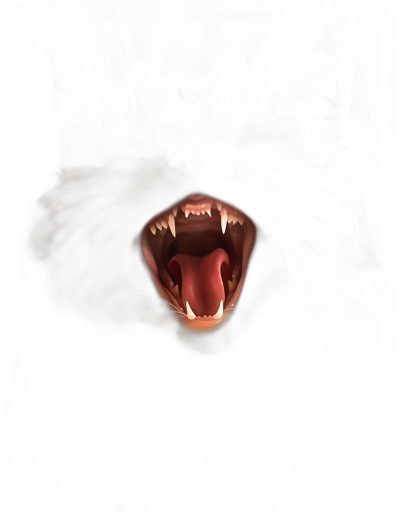 a cat's mouth open showing sharp teeth, in pitch black darkness, barely visible, fangs and tongue slightly out, hyper realistic, very detailed, cinematic