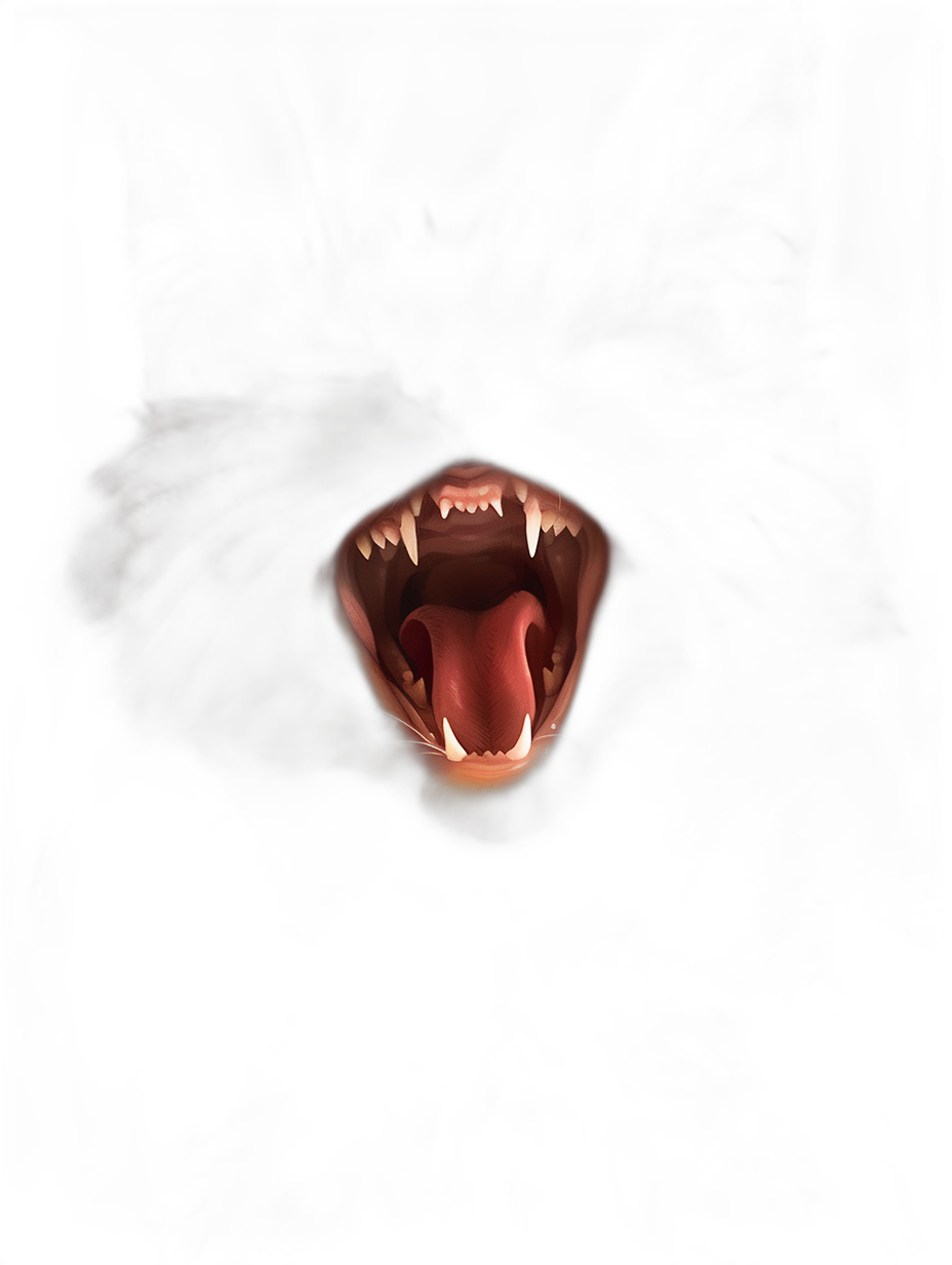 a cat’s mouth open showing sharp teeth, in pitch black darkness, barely visible, fangs and tongue slightly out, hyper realistic, very detailed, cinematic