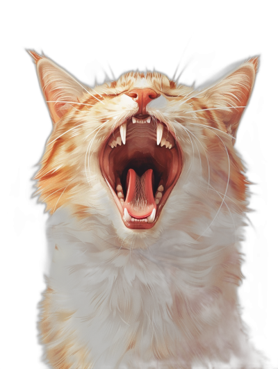 realistic digital illustration of an orange cat, showing its teeth and mouth open wide in the style of [Artgerm](https://goo.gl/search?artist%20Artgerm), against black background, detailed oil painting texture, visible brush strokes