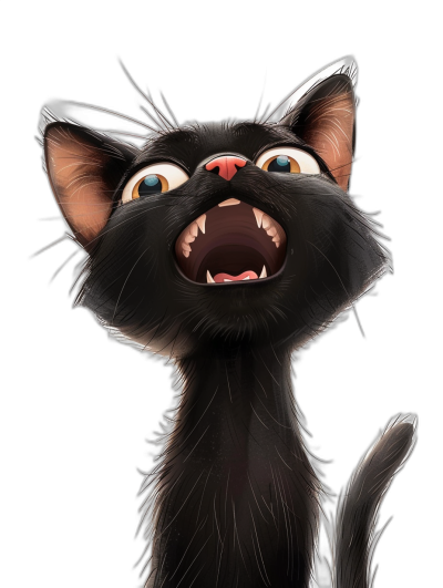 Cartoon illustration of an excited black cat with its mouth open, cute, black background, in the style of Disney cartoon character, digital art