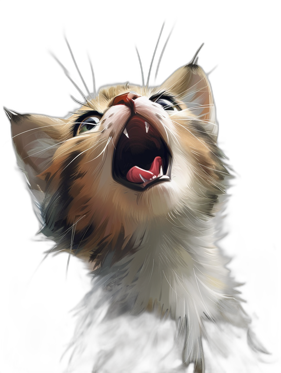 digital art of cute kitten , open mouth and showing teeth, black background, painting style