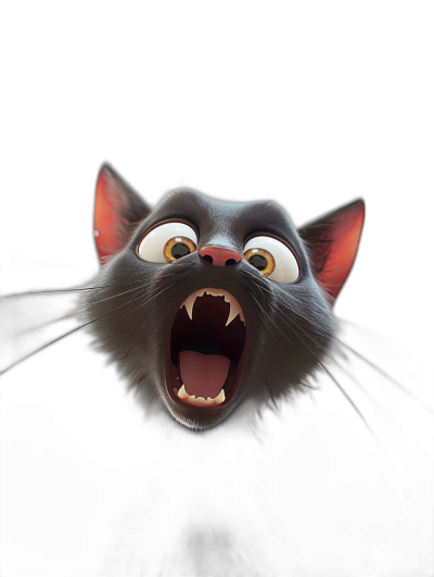 A cute black cat with an open mouth and teeth, with a surprised expression, in the style of Disney, in the Pixar animation style, character design, character portrait, solid color background, high definition details, clean sharp focus, high resolution.