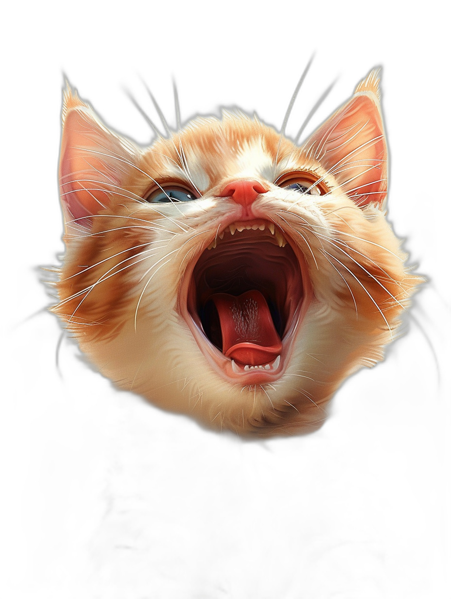 front view of a cute happy smiling cat with its mouth open showing teeth, black background, hyper realistic game item art, digital painting in the style of [Greg Rutkowski](https://goo.gl/search?artist%20Greg%20Rutkowski) and [Thomas Kinkade](https://goo.gl/search?artist%20Thomas%20Kinkade)