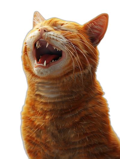 ginger cat laughing, portrait, hyper realistic, highly detailed, isolated on black background, rendered in the style of octane