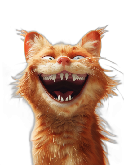 A red cat with sharp teeth laughing against a solid black background in the style of Pixar, digital art