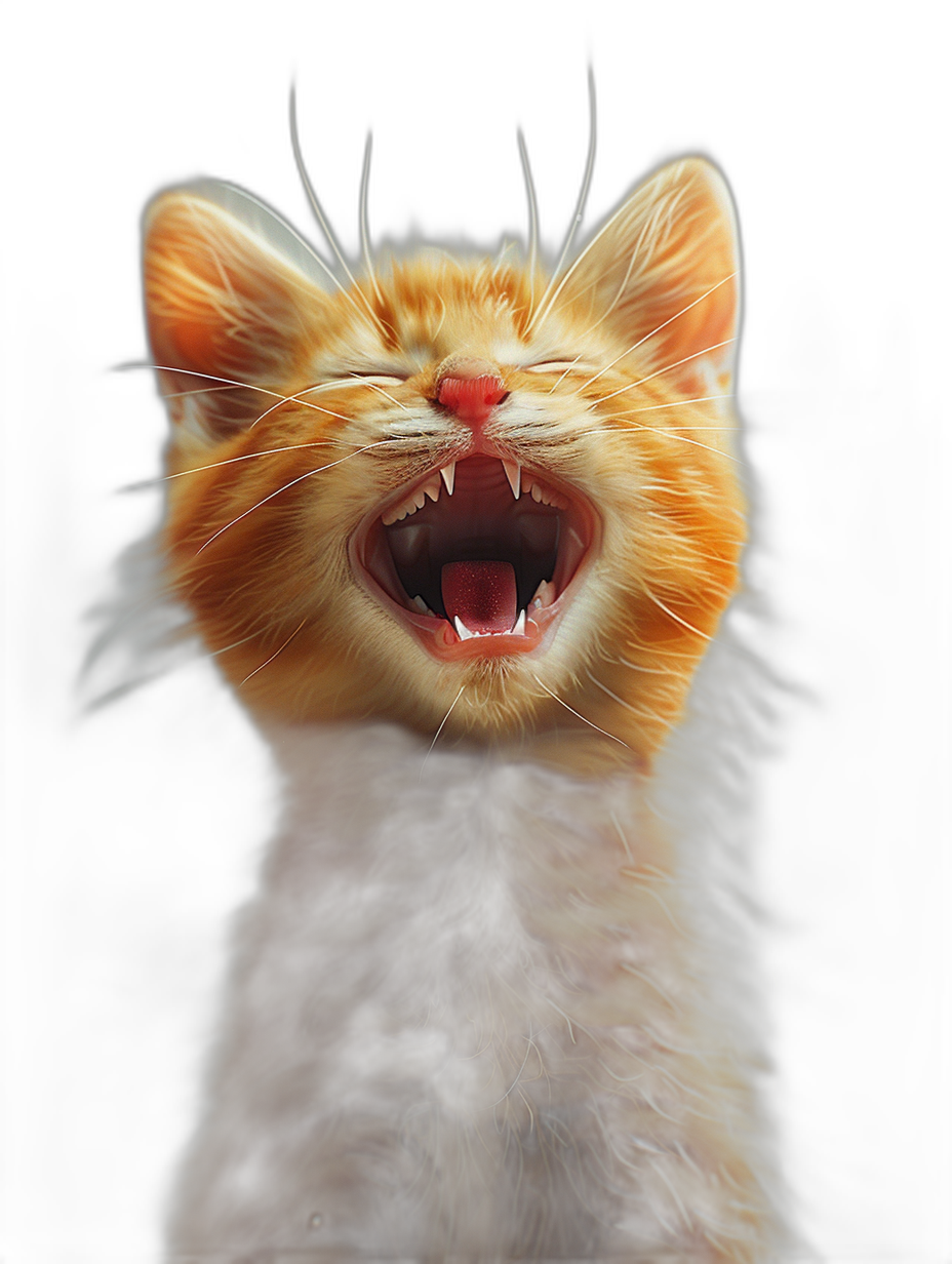 realistic digital illustration of happy smiling ginger cat meowing, black background, high details