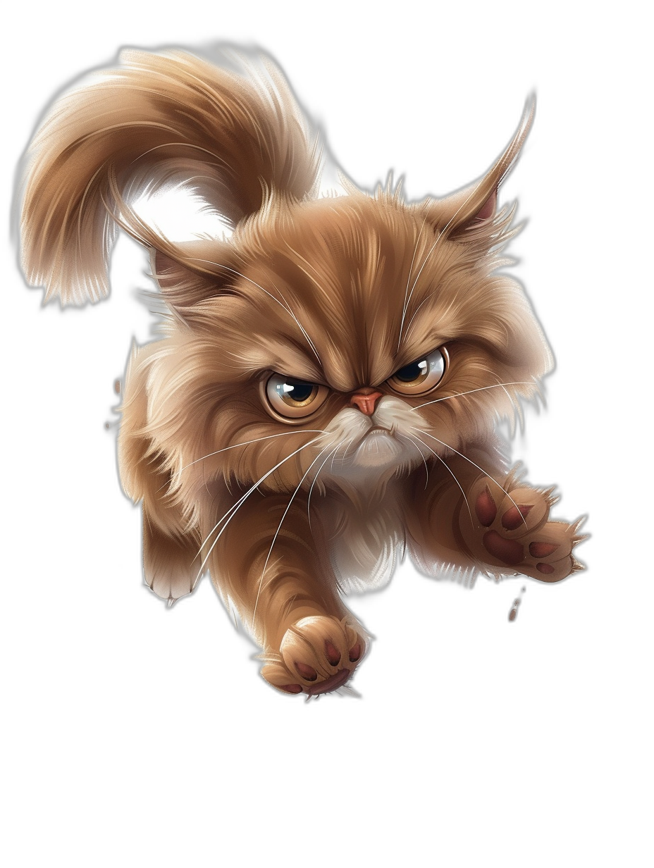 A cute cartoon illustration of an angry Persian cat jumping in full body against a black background, digital art in the style of [Artgerm](https://goo.gl/search?artist%20Artgerm) and [Greg Rutkowski](https://goo.gl/search?artist%20Greg%20Rutkowski).