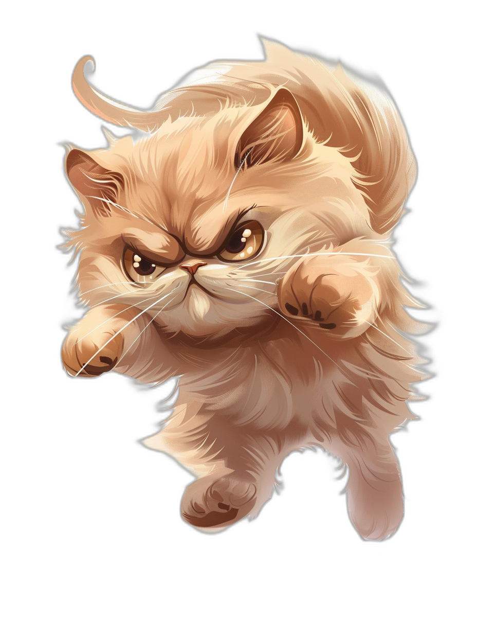 realistic cartoon style illustration of an angry cute beige persian cat jumping on a black background, shown from the front view. The illustration is done in the style of a cartoon.