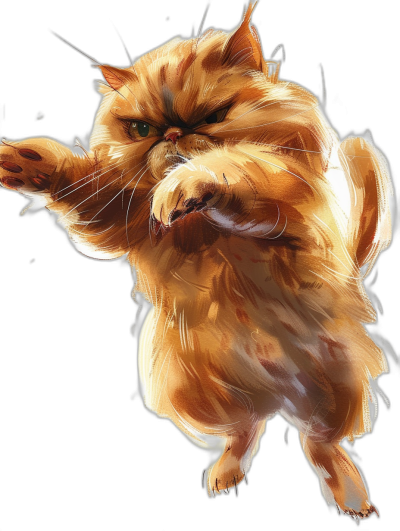 An angry orange cat with puffy fur leaping in the air in the style of digital art against a black background as a full body portrait, appearing cute and adorable.