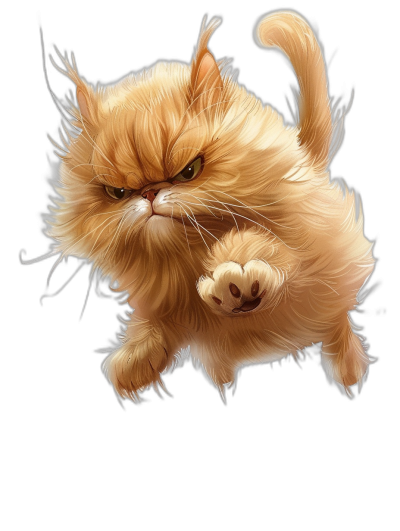 realistic digital illustration of an angry ginger cat flying, fluffy fur, black background, in the style of Robert Cho and [Greg Rutkowski](https://goo.gl/search?artist%20Greg%20Rutkowski)