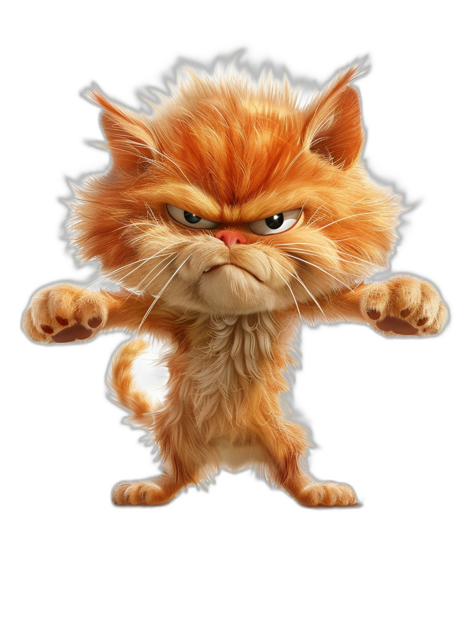 character design of an angry ginger cat with big fur, full body shot in the style of Pixar, action pose, black background