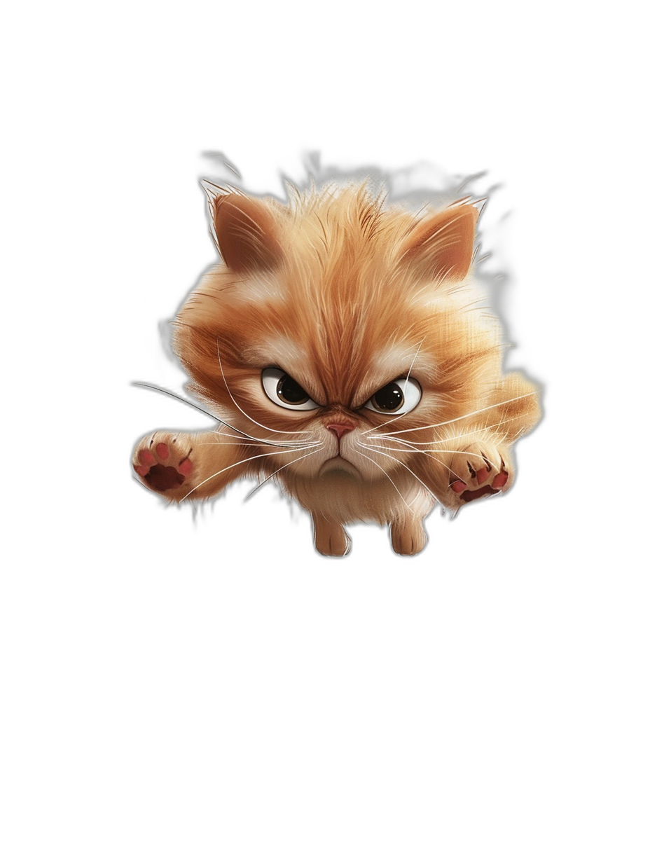 realistic cartoon cute cat jumping on black background, angry face, cute cartoon style, digital art in the style of Pixar and Disney and [Studio Ghibli](https://goo.gl/search?artist%20Studio%20Ghibli), full body portrait