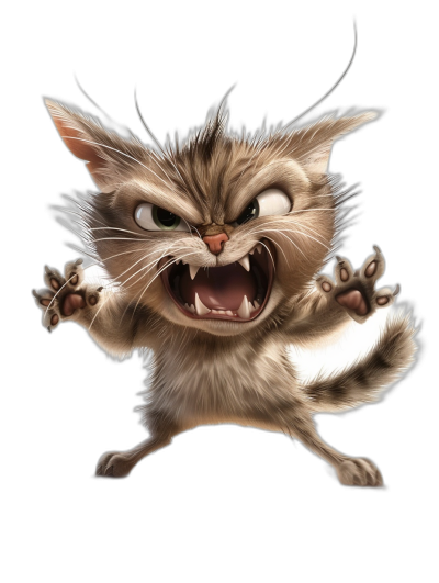 angry cat jumping, in the style of caricature style cartoon art with black background, big eyes and sharp teeth, full body shot