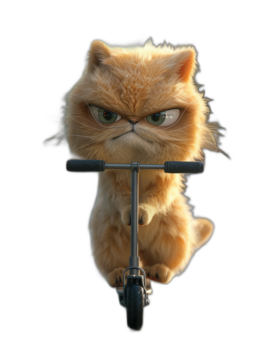 3D render of a cute Persian cat riding a scooter with an angry face on a black background, in the style of Pixar.