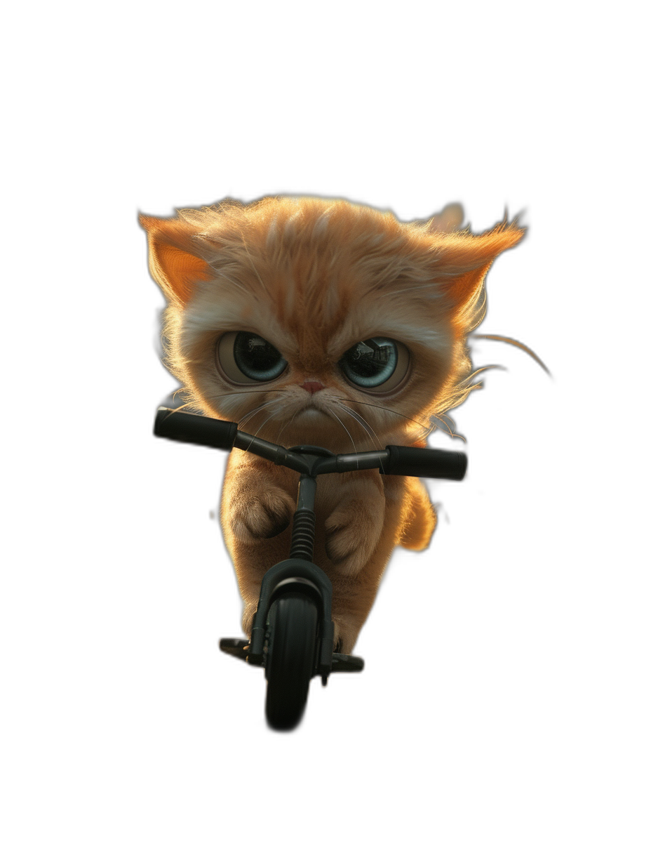 cute baby cat on scooter, on black background, digital art in the style of Pixar, Disney and Ghibli, cinematic lighting, octane render, depth of field, ultra detailed, hyper realistic