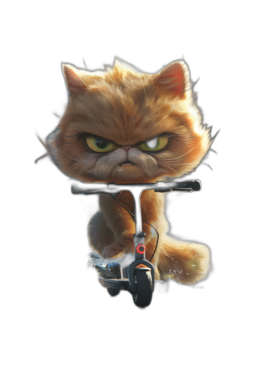 grumpy orange cat with yellow eyes on electric scooter, angry face, cartoon style, black background, in the style of Pixar, high resolution, hyper quality, hyper detailed