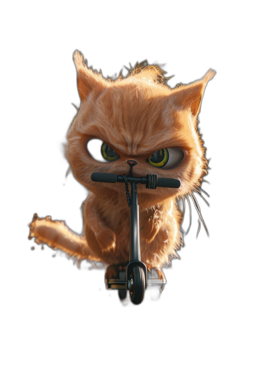 realistic photo of an angry ginger cat riding an electric scooter, black background, cartoon style, in the style of Pixar animation, big eyes, cute, full body shot, high definition