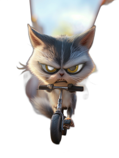 A cute grumpy cat on a scooter in the style of Pixar, cartoon character against a dark background with high contrast and rim lighting, a portrait photograph of the cat in an action pose from the front with yellow eyes and detailed fur texture, a high resolution, high quality digital art with high details rendered with Octane.