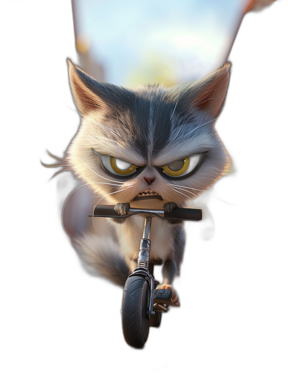 grumpy cat riding scooter, angry expression, cartoon style, dark background, high resolution, in the style of hyper realism, cinematic