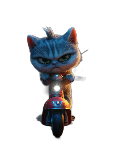 front view of an angry cute cat riding on a scooter in the style of Pixar against a black background, high resolution digital art with soft lighting